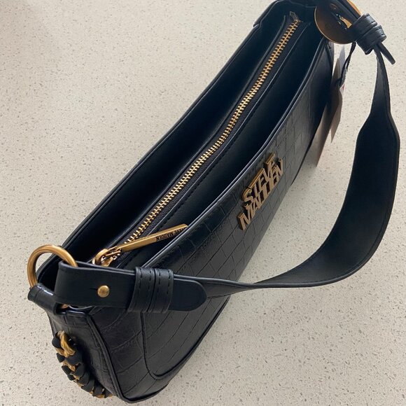 Steve Madden Crocodile Embossed Leather Handbag|Black Croc Baguette Shoulder Bag - Picture 3 of 11